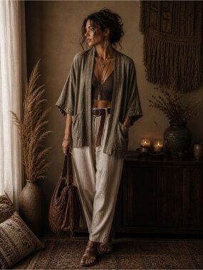 NWT Young Threads Boho Kimono Cardigan - Embroidered Pockets, Olive
